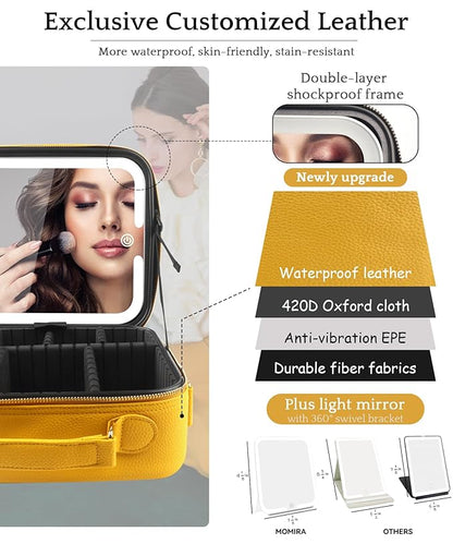 MOMIRA Travel Makeup Bag Cosmetic Bag with Lighted Mirror, Adjustable Brightness in 3 Color Scenarios/Detachable makeup mirror, All-round Upgrade, Waterproof, Gift for Women -Yellow