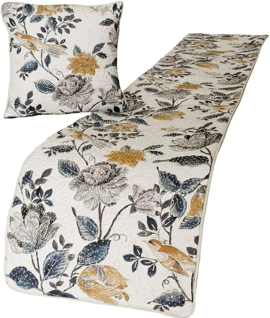 The HomeCentric King/Queen/Twin Blue & Ivory Designer King 90"x18" Bed Runner Without Pillow Cover, Bird, Pearl & Quilted Bed Scarf on Linen Fabric - Vintage Birdena