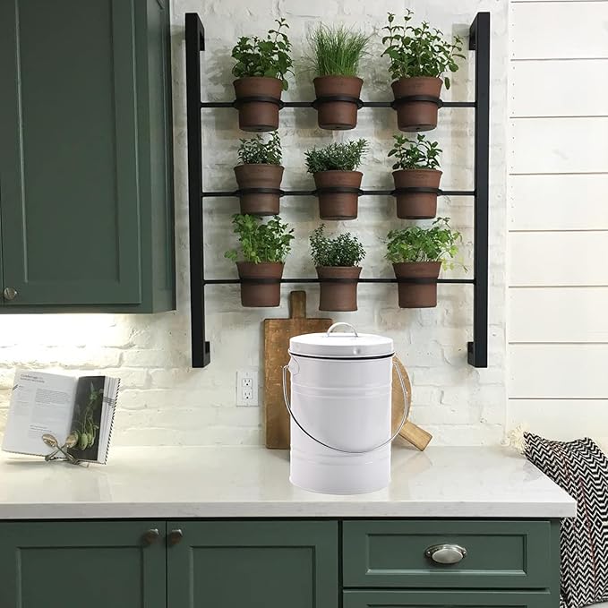 Compost Bin for Kitchen Counter, LALASTAR Small Metal Compost Bin Indoor Kitchen Sealed with Lid for Food Waste, Countertop Composter Container, White, 1 Gallon