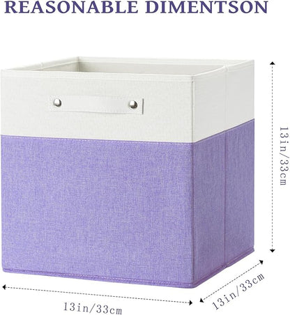 13 x 13 Inch Fine Linen Storage Bins with Handles，Fabric Cube Boxs，Collapsible Basket Organizers for Shelves for Home, Closet Drawers (White/Purple-6 Pack)
