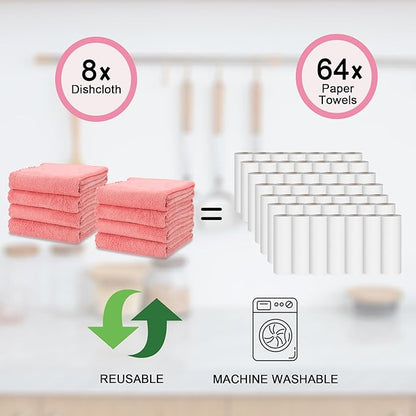 kimteny Kitchen Cloth Dish Towels, 13x28 Inches Premium Dishcloths, Super Absorbent Coral Velvet Microfiber Cleaning Cloths, Fast Drying Rags for Washing Dishes (13x28-8 Pack, Pink)