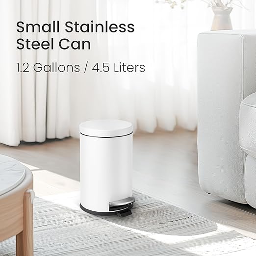 Cesun 1.2 Gallons Small Trash Can with Lid, White Bathroom Garbage Can with Foot Pedal, Mini Round Wastebasket for Bathroom, Bedroom, Office, 4.5 Liters / 1.2 Gallons, White