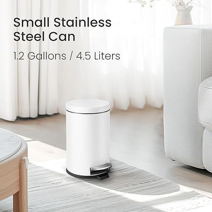 Cesun 1.2 Gallons Small Trash Can with Lid, White Bathroom Garbage Can with Foot Pedal, Mini Round Wastebasket for Bathroom, Bedroom, Office, 4.5 Liters / 1.2 Gallons, White