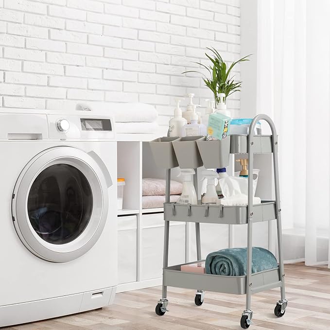danpinera 3-Tier Rolling Cart, Metal Rolling Storage Cart with Lockable Wheels & Hanging Cups & Hooks, Mobile Trolley Cart for Kitchen, Bathroom, Office, Workshop, Gray