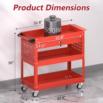 3 Tier Rolling Tool Cart on Wheels, Heavy Duty Service Cart Industrial Utility Cart with Drawer and Screwdriver Rack Pegboard, 550 LBS Mobile Tool Storage Organizer for Garage, Workshop (Red)