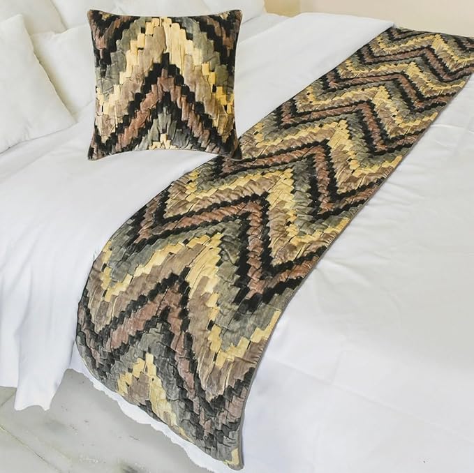 The HomeCentric King/Queen/Twin Beige Designer Queen 74"x18" Bed Runner Without Pillow Cover, Abstract, Chevron, Quilted Bed Scarf on Suede Velvet Fabric - Paramount