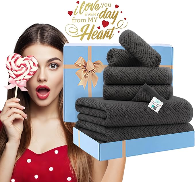 VOOVA & MOVAS Gray Towels - 100% Cotton | Lightweight | Quick Dry | Thick | Soft, Towel Set of 6, 2 Large Bath 30" x 56", 2 Hand 18" x 28", 2 Washcloths 13" x 13", Towel Gift Set, Dark Grey