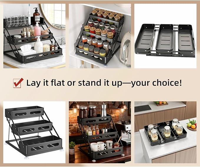 Bokelai Spice Rack 3 Tier Foldable Seasoning Organizer Jars Storage Holder Step Shelf for Cabinet Kitchen Countertop Pantry Coffee Bar Black