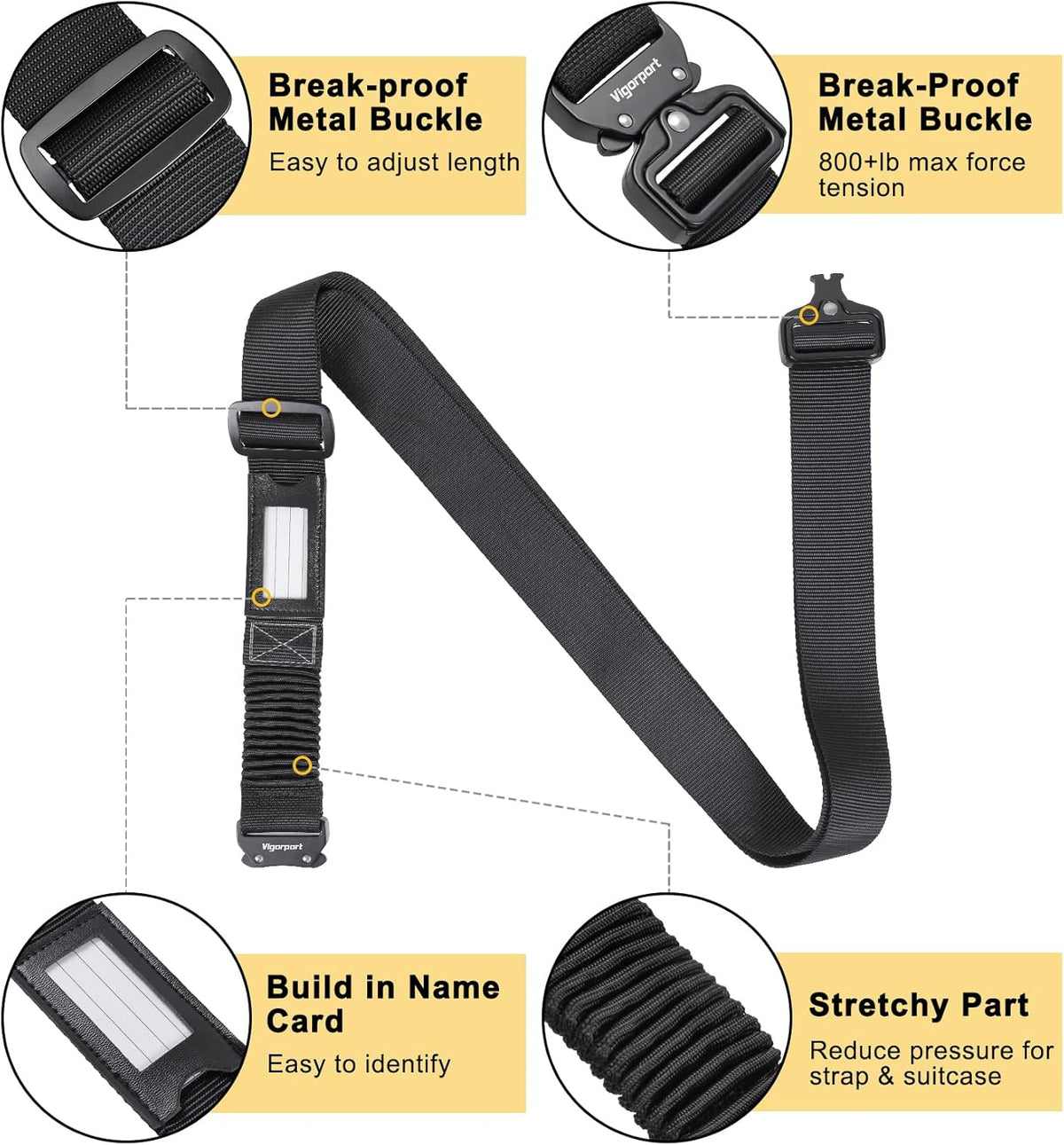 Vigorport Luggage Straps for Suitcases 2 Pack, Heavy Duty Metal Buckle Luggage Belt Strap, TSA Approved Suitcase Belt, Stretchable Travel Strap for Luggage