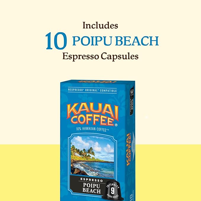 Kauai Coffee Espresso Pods Compatible with Nespresso Original Coffee Makers – Arabica Coffee, 10% Hawaiian – Dark Roast, Rich Cocoa & Smoky Finish – Poipu Beach, 1 Pack of 10 Espresso Pods