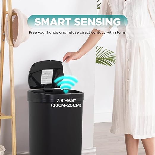 Automatic Motion Sensor Bathroom Trash Can with Lid, 13 Gallon Touchless Trash Bin, Smart Dog Proof Garbage Can, Touch Free Waste Basket for Toilet, Office, Bedroom,Black