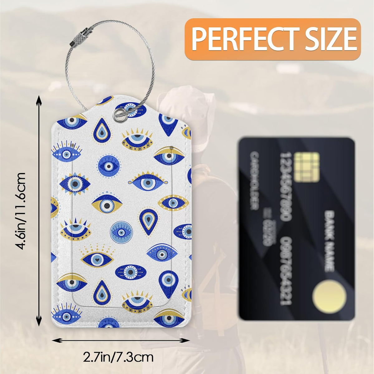 Blue Evil Eyes Hamsa Hand Luggage Tags for Suitcase,Luggage Tag with Stainless Steel Loop Privacy Cover Id Label Travel Bag Luggage Identifiers for Women Men Travel,Set of 2