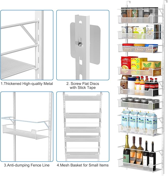 Over the Door Pantry Organizer, 8-Tier Over the Door Organizer with Adjustable Basket, Pantry Door Organization for Pantry Kitchen Storage Room Spice Rack, White
