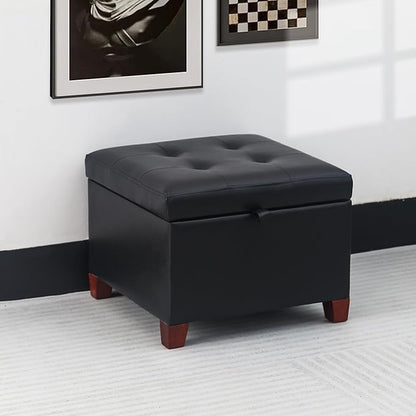 Adeco Faux Leather Storage Ottoman with Hinged Lid, 14 Inch High Black Square Cube Foot Stool with Storage, Upholstered Vanity Stool with Solid Wood Legs for Living Room, Bedroom, Dorm