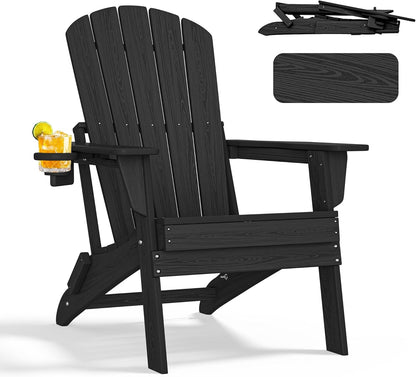 Folding Adirondack Chair, Ergonomic Extended Backrest, HDPE All-Weather, 400lbs Capacity, Maintenance-Free, Cup Holder, （Black）- Outdoor Patio & Firepit Chair
