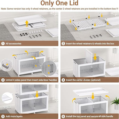 BROVIEW 69.3"H 200Gal Plastic Storage Bins with Lid & Wheels,4Pack Extra Large Stackable Storage Bins with Dividers,Closet Organizers and Storage Cabinet Collapsible Box Shelves for Home Kitchen,White