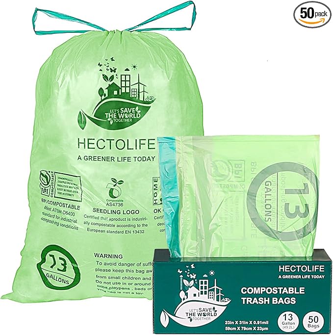 13 Gallon,50 Count, Compostable Trash Bags with Drawstring,Tear Resistant Kitchen Food Scrap Waste Bag, ASTM D6400, US BPI and Europe OK Compost Home Certified
