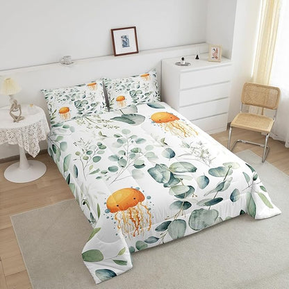 Erosebridal Kawaii Jellyfish King Comforter Set for Boys Girls Cartoon Animal Bedding Set King, Eucalyptus Leaves Bedding Comforter Sets Ocean Wildlife Duvet Set, Tropical Plants Quilted Comforter
