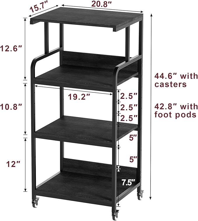 4 Tier Printer Stand with Storage Shelf, Large Tall Printer Table for Home Office, Mobile Printer Cart with Industrial Wheels for Paper Shredder Scanner Fax Heat Press Small Space Organization (Black)