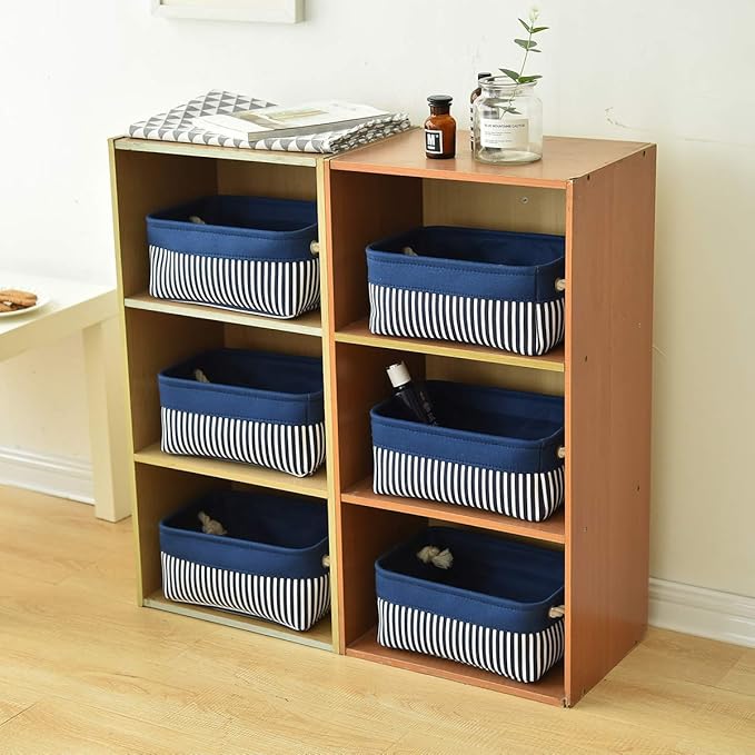 TcaFmac Small Storage Baskets [6 Pack] - Navy Blue Rectangular Storage Bins with Blue Stripes