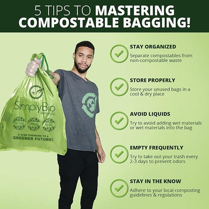 Simply Bio 13 Gallon Compostable Trash Bags Liners Drawstring, Heavy Duty Extra Thick 1 Mil, 49.21 Liter, 30 Bags, Tall Kitchen Food Scrap Waste Bag, ASTM D6400, US BPI and OK Compost Home Certified