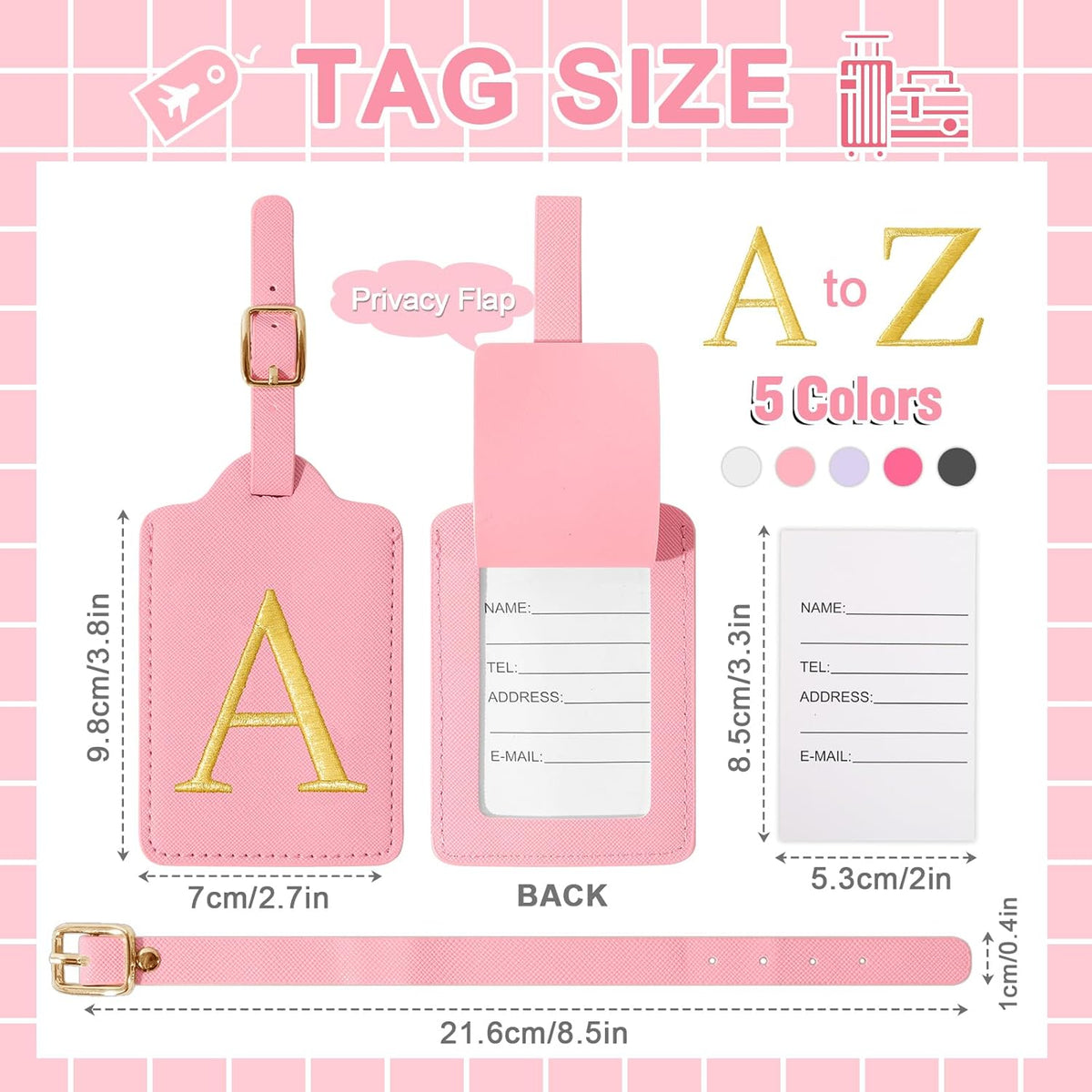 Personalized Initial Luggage Tags for Suitcase, Pink Leather Cute Luggage Tags with Privacy Cover Name Card, Embroidered Custom Monogrammed Luggage Tag Travel Bag Baggage Tags Gifts for Women Kids(A)