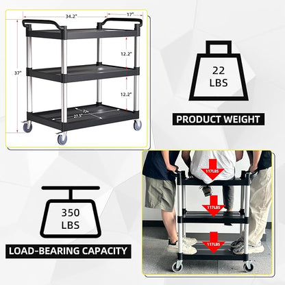 Plastic Utility Cart with Anti-Tangle Wheels, Solid Armrests, 350 Lbs Heavy Duty Capacity, 3-Tier Rolling Serving Cart for Home, Office, Restaurant, Warehouse.34.2" × 17" × 37"