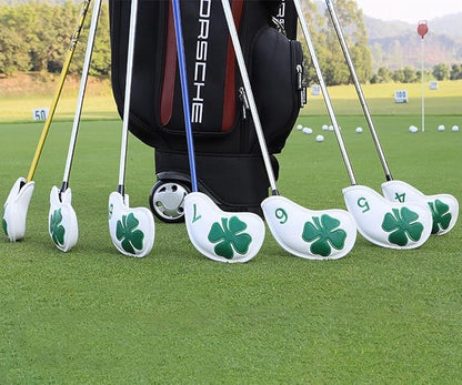 Golf Iron Covers Golf Iron Head Covers Leather Golf Iron Covers for Golf Clubs 10pcs Golf Iron Headcovers Lucky Clover Golf Club Head Covers for Iron with Magic Tape Fit All Brands