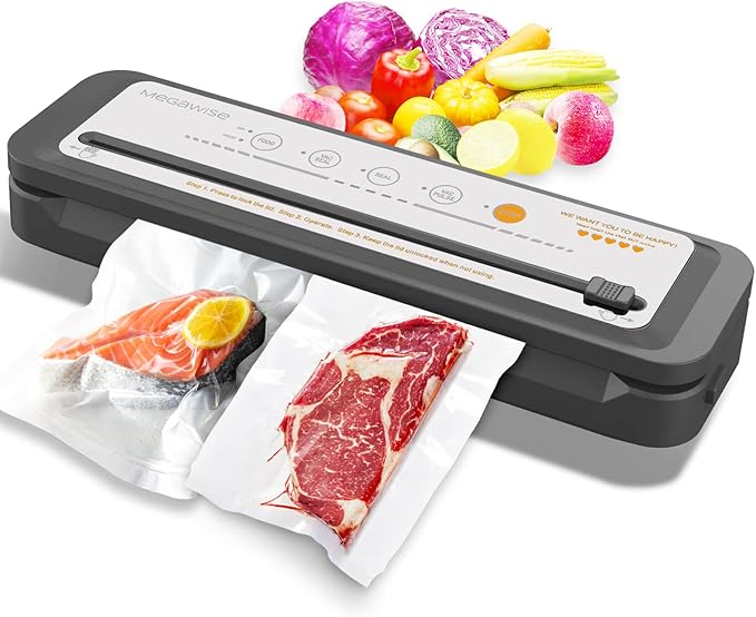 MEGAWISE Food Vacuum Sealer Machine with Built-in Cutter – 80kPa Suction, One-Touch Operation, 4 Food Modes, Compact Design (Silver)