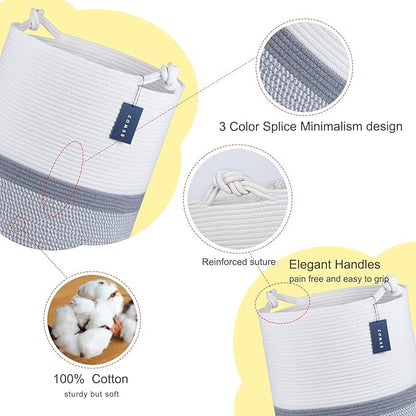 COMSE Extra Large Blanket Basket, Tall Woven Storage Basket, Nursery Hamper, 15.7”x 21.7”, Cotton Rope Laundry Hamper for Toys Clothes Towels, Blend White/Gray