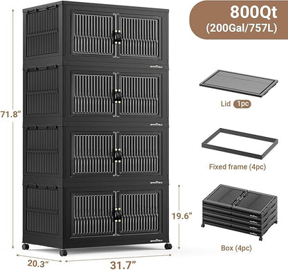 BROVIEW 800Qt Extra Large Stackable Storage Bins with Lid, Closet Organizer Collapsible Drawer Boxes with Wheels, Folding Plastic Cabinet Containers for Home Kitchen Room Organization, 4Pack Black