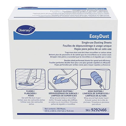 Diversey 9292466 EasyDust Single-use Dusting Sheets, Disposable Multisurface Cleaning Wipes for Floors, Dust Wipes Trap Dirt, Unscented 5x6-inch Sheets, 250-Sheets, 1-Box