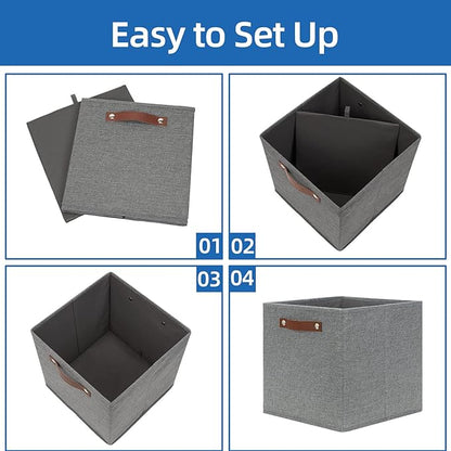 Temary 12x12 Storage Cube Bins 4 Pack Fabric Storage Cubes Storage Bins with Leather Handles, Storage Baskets Foldable Cube Organizers Bins for Home (Grey)