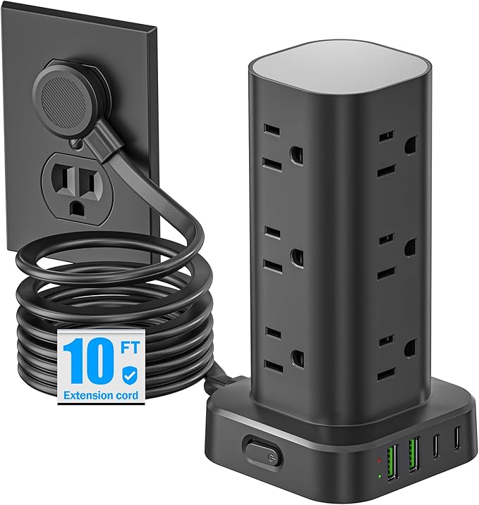 Flat Plug Power Strip Tower Surge Protector, 10FT Flat Extension Cord with Multiple Outlets, 12 AC Outlets, 4 USB Ports (2 USB C) Charging Station for Office Home Dorm Room Travel (Black)