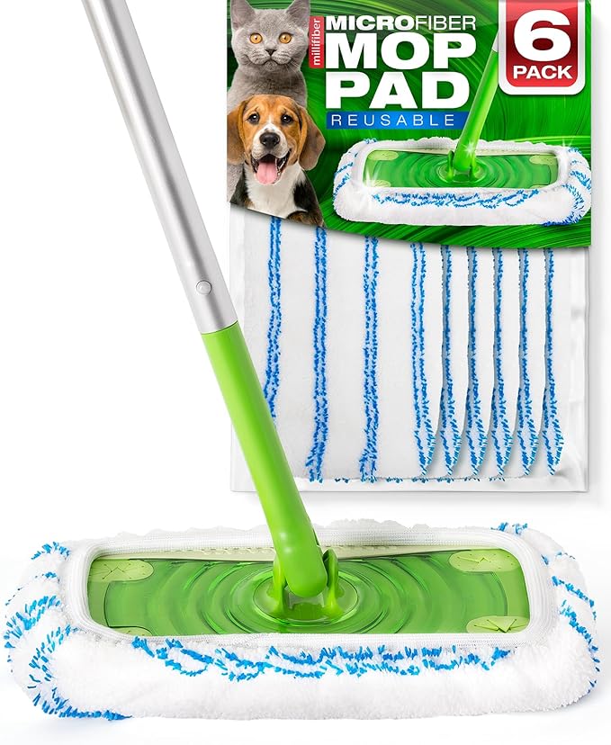 Microfiber Reusable Mop Pads Compatible with Swiffer Sweeper (6-Pack) Washable Mop Pads for Wet & Dry Use (Handle is Not Included)