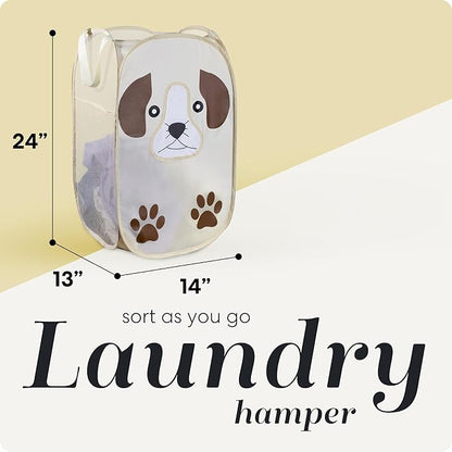 Handy Laundry Collapsible Mesh Pop-Up Hamper with Wide Opening and Side Pocket - Breathable, Sturdy, Foldable, Space-Saving Design (Puppy)