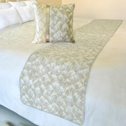 The HomeCentric King/Queen/Twin Ivory & Gold Designer Full 68"x18" Bed Runner Without Pillow Cover, Patchwork, Quilted, Jacquard Foil Bed Scarf on Jacquard Fabric - Spinzar