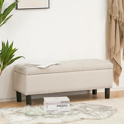 Furnimart 42.5 Inch Storage Ottoman Bench, Flip Top End of Bed Storage Bench, Upholstered Blanket Bench for Bedroom, Entryway, Living Room, Tufted Linen (Beige)