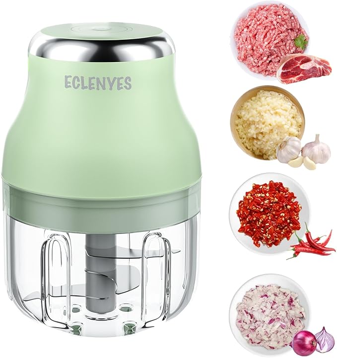 Vegetable Chopper, Electric Garlic Chopper, 250ML USB Rechargeable Mini Blender, Powerful Small Food Processor, Blender to Vegetable, Wireless Food Cutter for Ginger, Chili, Fruit, Meat, etc（Green）