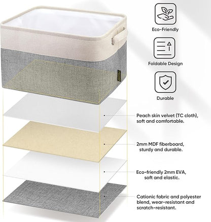BALEINE 4 Pack Fabric Storage Bins for Shelves, Linen Storage Baskets for Organizing, Decorative Closet Bins for Clothes, Home (Grey, 12"x8"x8")