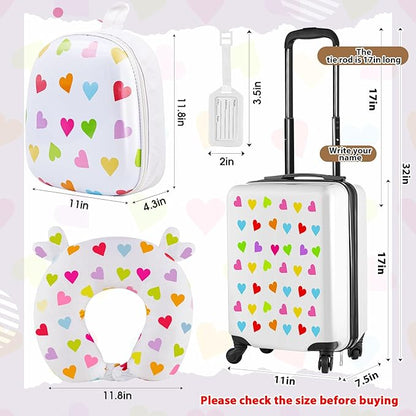 Sanwuta 4 Pcs Kids Luggage Set Kids Backpack Travel Rolling Suitcase with Wheels U-shape Pillow Childrens Gift for Girls Boys(17 Inch,Heart Style,White)