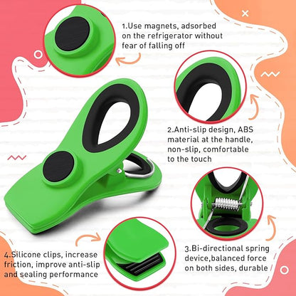 FINDMAG Big Chip Clip, Green Magnetic Wide Bag Clip Set, Cute Magnet Clips Refrigerator Sealing Clip, Plastic Food Clips Great for Kitchen, Home, Snacks, Bread, 12 Pack