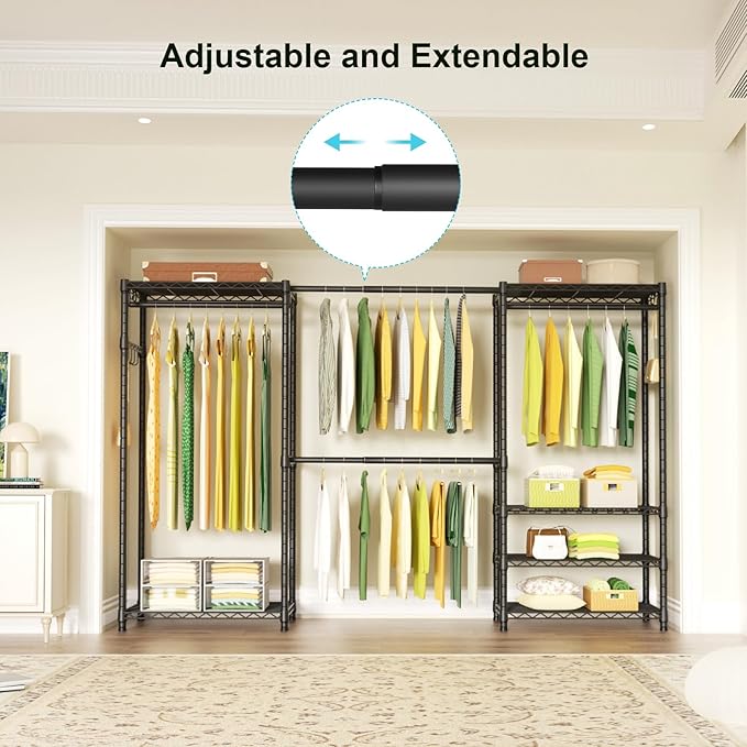 Ulif E1 Heavy Duty Closet Garment Rack, 6 Tiers Adjustable Metal Freestanding Expandable Clothing Storage with 4 Hanger Rods, Easy to Assemble Wardrobe, 71.4" H x (70" - 88.2") L x 14" D, Black