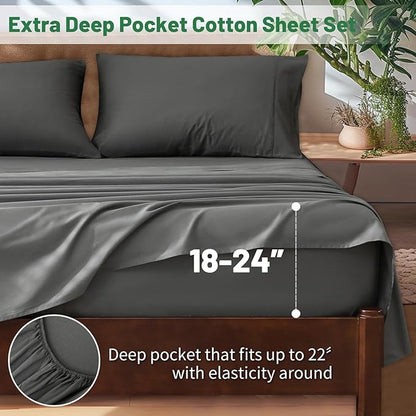 Extra Deep Pocket Queen Sheets 18-24 Inch 100% Egyptian Cotton 1000 Thread Count Sateen Weave Soft Breathable 4 Pieces（Queen,Dark Grey）
