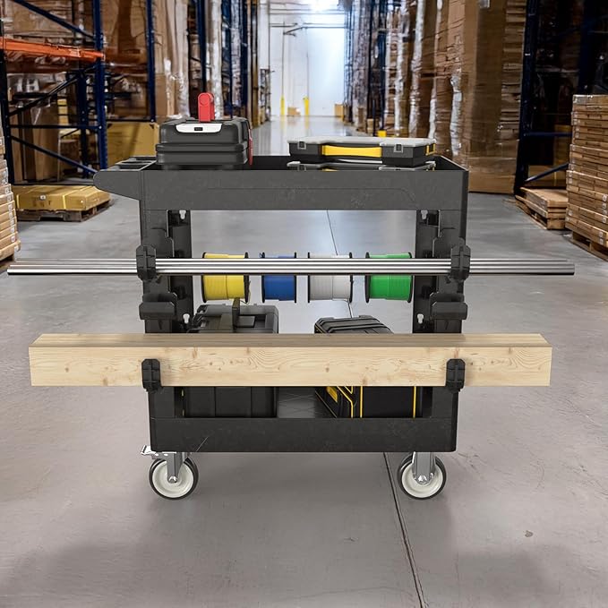 Heavy Duty Rolling Utility Cart with Wheels 2-Tier Utility Plastic Service Work Cart for Shop, Garage, Warehouse, Maintenance 550 lbs