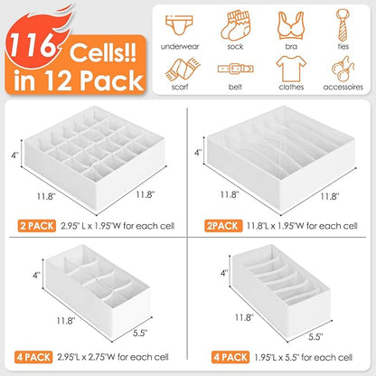12 Pack Drawer Organizers for Clothing, 116 Large Compartments Fabric Dresser Closet Organizers and Storage Bins for Baby Clothing, Women Men Underwear Socks, Bra, Ties, College Dorm Room Essentials