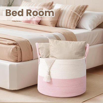 Woven Blanket Basket,65L Large Rope Storage Bin with Handles, Organizer for Blankets Toys Book and Clothes, Laundry Basket for Living Room Bedroom Nursery,White&Pink