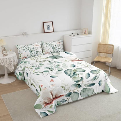 Erosebridal Kawaii Cat Queen Size Comforter Set for Boys Girls Cartoon Animal Bedding Set, Eucalyptus Leaves Down Comforter Pet Kitten Bed Set, Tropical Botanical Plants Quilted Duvet