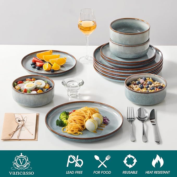 vancasso PLAYA Plates and Bowls Sets, 12 Pieces Light-Blue Dinnerware Sets