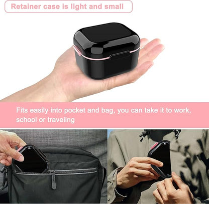 BVN Denture Bath Denture Case: Denture Cup for Soaking Dentures, Retainer Cleaner Case with Mirror, Mouth Guard Case, Aligner Case, Retainer Holder, Night Guard Case, False Teeth Container Black